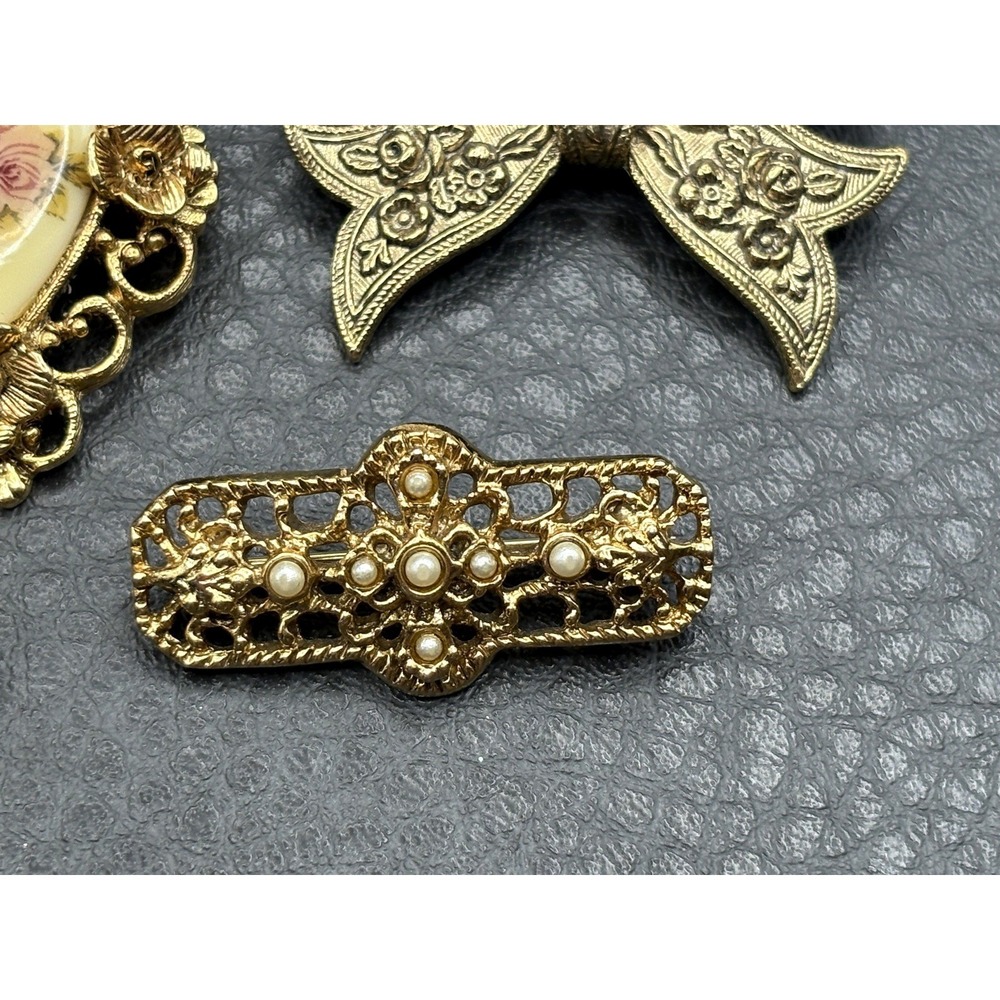 VTG Lot Of 5 Brooch Pin 3 1928 Brand Floral Heart Bow Basket Victorian Style - Picture 6 of 10
